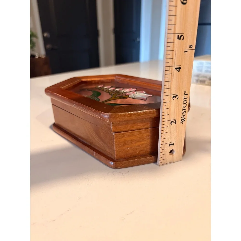 Vintage Mele Wood Jewelry Box Hexagon Stained Glass Flower Lid Pink Lining Boho